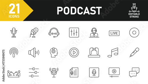 Podcast line icon set. Set of 21 outline icons related to podcast, podcasting, microphone, broadcasting, audio, headset, record, studio and others. Editable stroke. Vector illustration.
