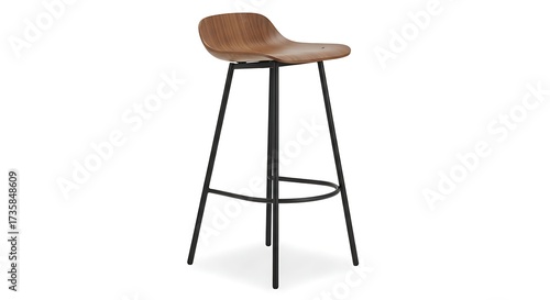 Modern minimalist bar stool with a sleek curved wooden seat and a sturdy black metal frame for stylish home or commercial interiors