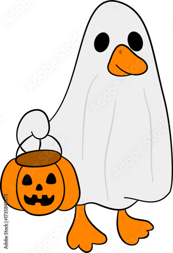 The stupid goose ghost holds a basket of pumpkins.