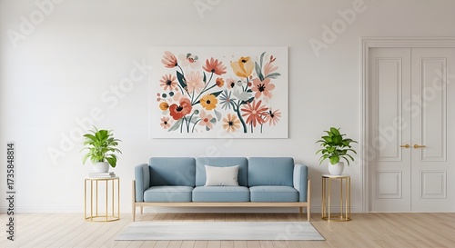 Modern living room interior with blue sofa and floral painting on the wall