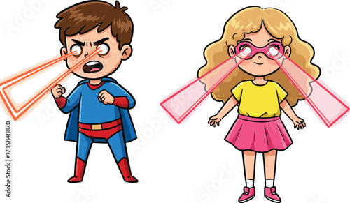 Cartoon superhero children with laser eyes, kids in costume, fantasy powers, imagination, action, colorful illustration, childhood heroes, comic style, adventure, strength