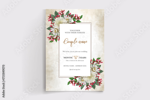 WEDDING INVITATION FRAME WITH FLOWER DECORATIONS AND FRESH LEAVES