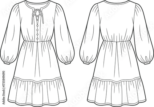 Flat sketch vector boho dress template with puff sleeves, ruffle hem, tie neckline, fashion cad drawing, garment clothing technical illustration