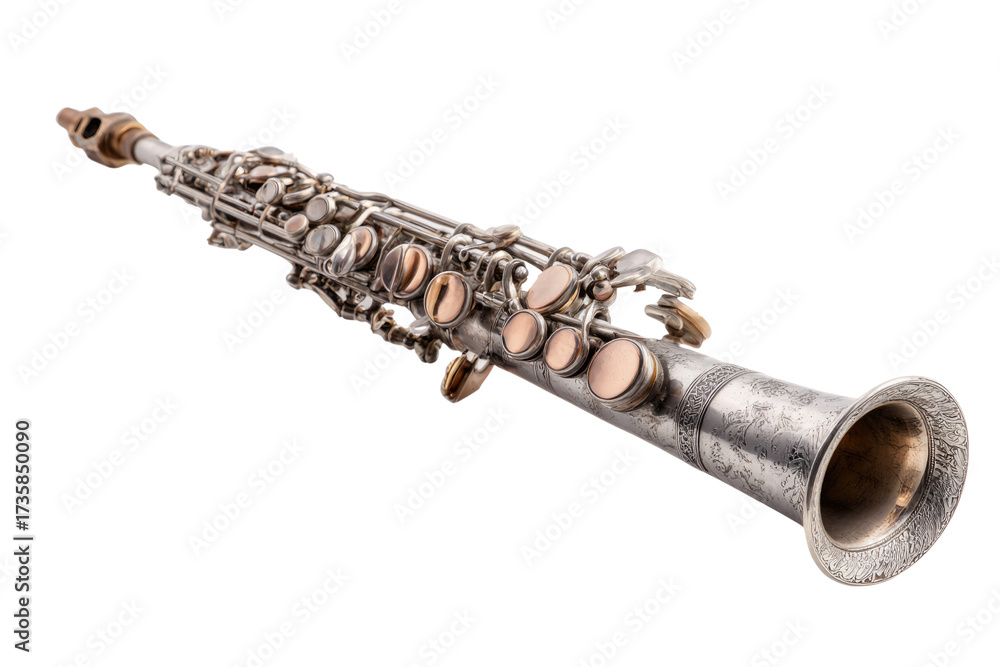 Naklejka premium An ornate silver soprano saxophone or saxello with intricate engravings and contrasting golden keys, a classic wind musical instrument. background removed