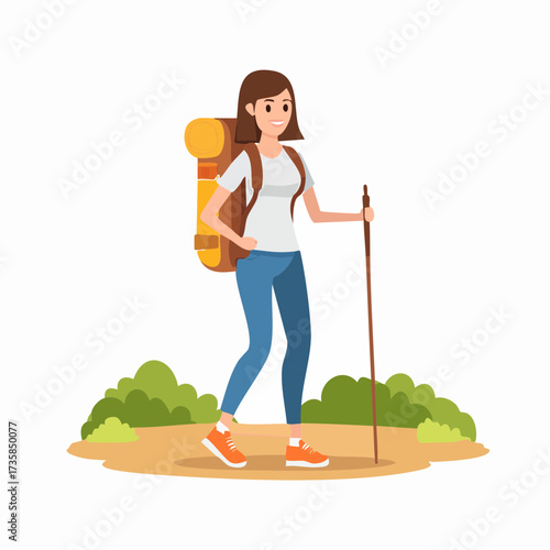 A woman with a backpack and hiking stick is walking on a trail, enjoying the outdoors.