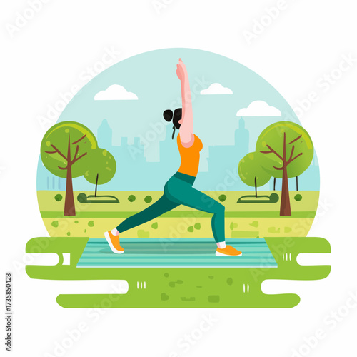 A woman in activewear practices a high lunge yoga pose on a mat in a city park with a skyline in the background.