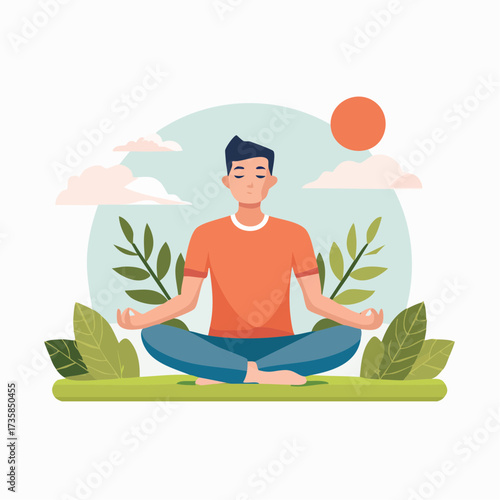 Man meditating in lotus pose surrounded by nature, promoting peace and mindfulness.