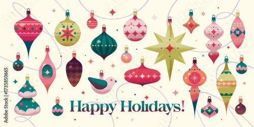 A charming collection of vector vintage Christmas tree toys. Balls, cones, bells, Star of Bethlehem, bird, Christmas tree.
