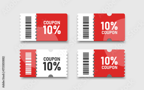 10% off coupon labels or tag in red and white, arranged in a set of 4 designs, for promotional designs to reward or give to customers, vector illustration for banner advertising design