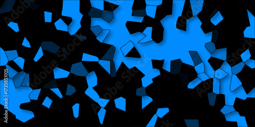 Abstract geometric mosaic pattern with vibrant blue and dark gray irregular polygons on a black background with subtle lighting effects and shadows creating depth