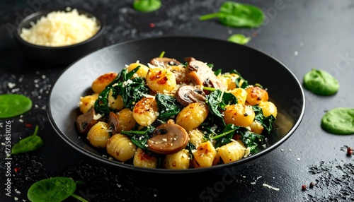 Gnocchi with Spinach and Mushrooms in Black Bowl, Gourmet Italian Pasta Dish