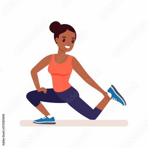 Woman stretching her leg in a lunge position, wearing sportswear.