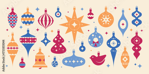 A charming collection of vector vintage Christmas tree toys. Balls, cones, bells, Star of Bethlehem, bird, Christmas tree.