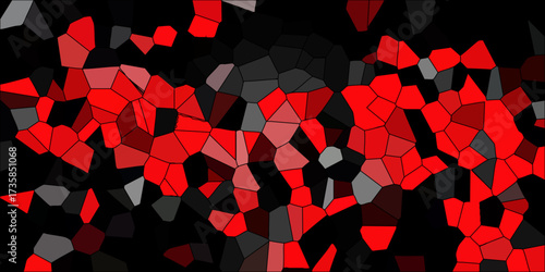 Bold abstract pattern of bright red and dark gray irregular polygons against a stark black background, creating a high-contrast graphic design