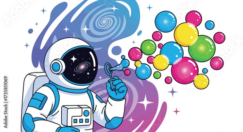 An astronaut in a spacesuit blows colorful bubbles into a cosmic scene with stars and a spiral galaxy.