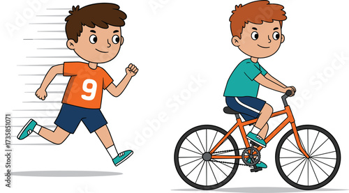Cartoon boys running and cycling, vector illustration for physical activity, speed comparison, exercise learning, movement education, and child fitness themes