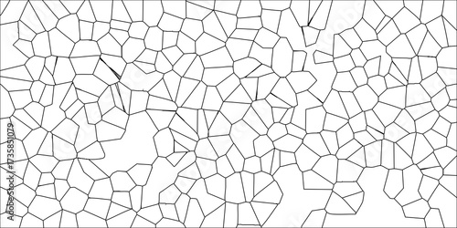 Black and white outline of an intricate geometric mosaic pattern with numerous irregular polygons and a clean, minimalist aesthetic on a white background