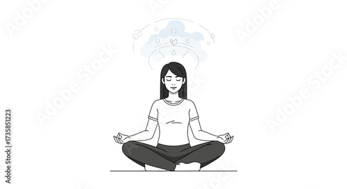 A woman sits in a lotus position meditating with a mandala-like pattern above her head, representing mindfulness and inner peace.