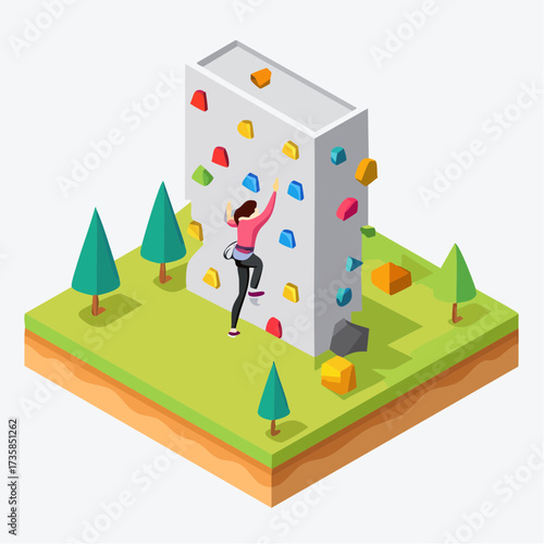 An isometric illustration of a person rock climbing on an artificial climbing wall in an outdoor park setting.