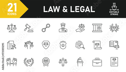Law and Legal line icon set. Set of 21 outline icons related to law legal, justice law, legal, judgment, authority, lawyer, criminal, agreement and others. Editable stroke. Vector illustration.