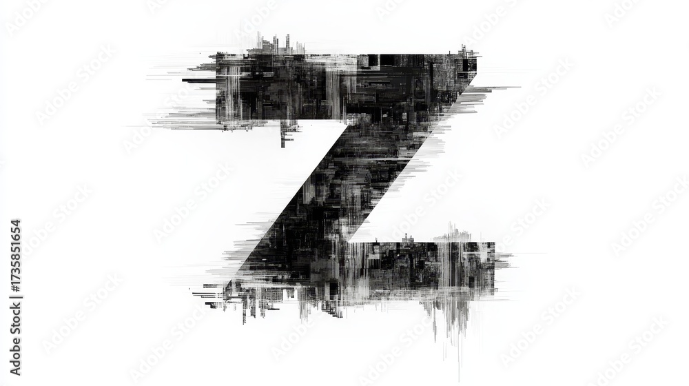 Fototapeta premium Glitchy letter Z appears in a thin hacker font, featuring a chaotic black-and-white digital distortion. The design evokes a serious cyber aesthetic