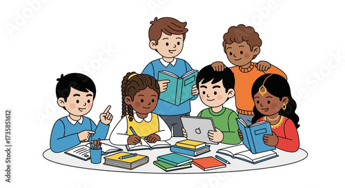 A group of diverse children are gathered around a table, reading books and using a tablet, engaged in learning and education.