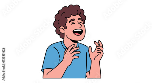 A cartoon illustration of a joyful young man laughing with raised hands and open mouth.
