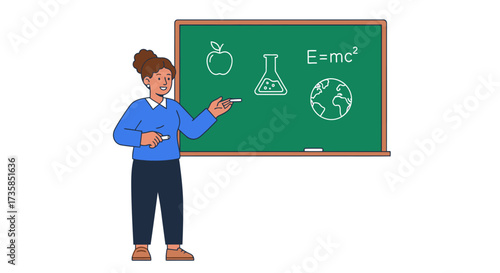 A female teacher explaining scientific concepts while pointing at a chalkboard with illustrations.