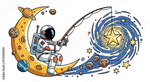 An astronaut fishing a golden star from a swirling galaxy, seated on a crescent moon.
