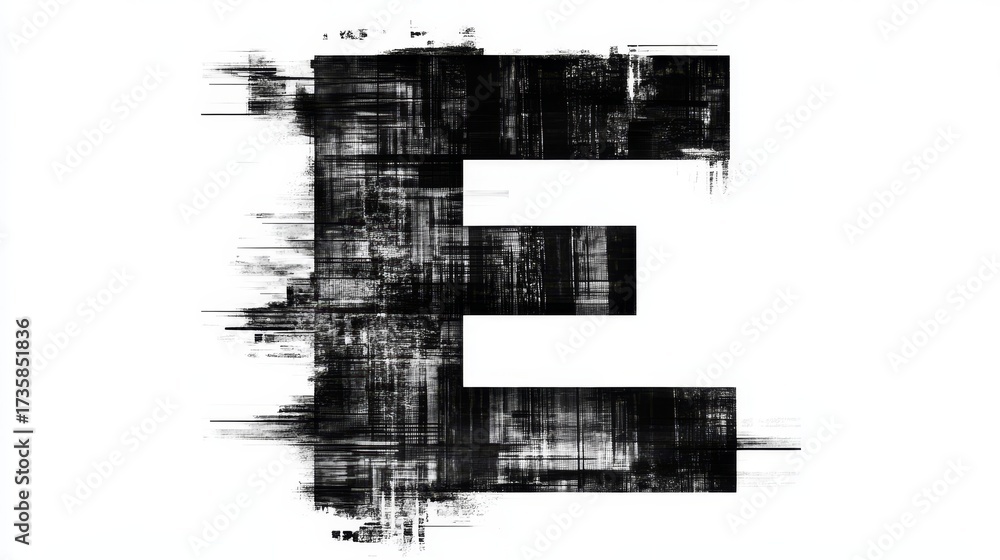 Fototapeta premium Letter E displayed in a thin hacker font, featuring a glitchy black and white design with abstract textures and digital distortion