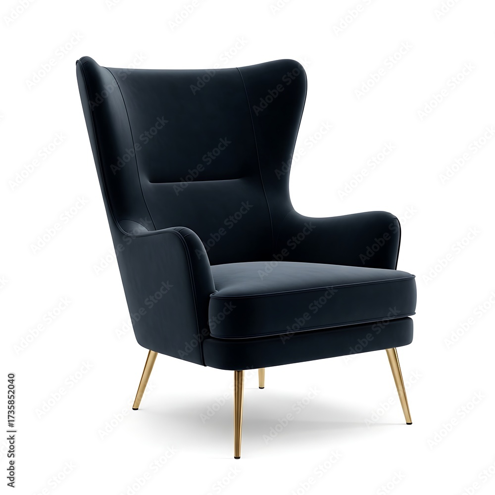 Obraz premium Elegant navy blue wingback armchair with gold legs isolated on white background, perfect for modern living rooms