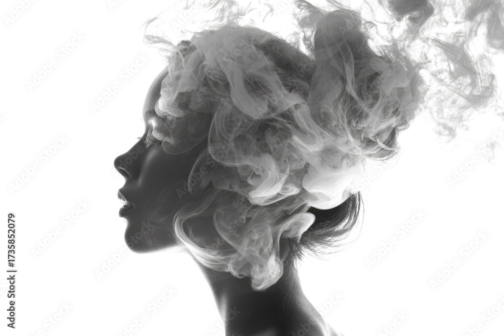 Fototapeta premium A grayscale woman's profile with her head enveloped in swirling white smoke, representing abstract thought, creativity, and the power of the mind. background removed