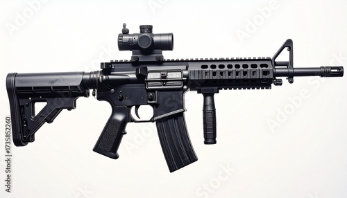 Modern assault rifle with tactical scope, quad rail handguard, collapsible stock, and flash suppressor, magazine inserted, shown in isolated setup highlighting modular military-grade design.