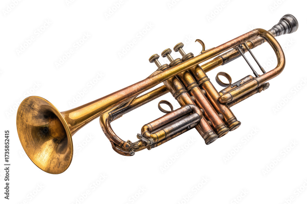 Obraz premium A beautifully weathered, vintage brass trumpet, showcasing its intricate details and rich golden hues, isolated on a clean transparent background. background removed