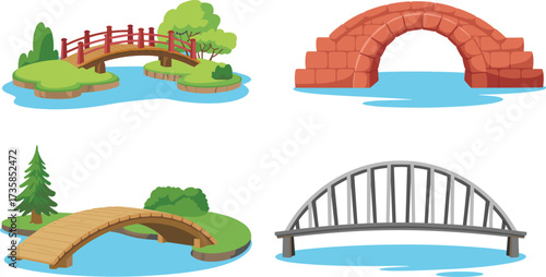 Cartoon bridge illustration set, vector drawing of wooden, brick, and metal bridges for architecture, landscape design, travel, and educational content