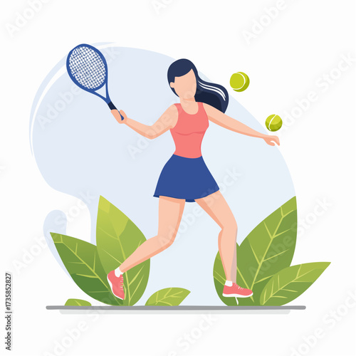 A woman in sportswear playing tennis with a racket and two balls.
