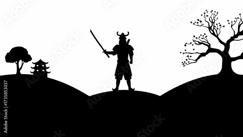 Strong samurai warrior silhouette holding katana sword on hilltop with pagoda and cherry blossom