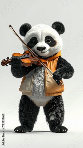 A stuffed panda playing violin background frame layers style creative design illustration depth emotion colorful scene gesture expression figure cartoonish backgrounds motion elements