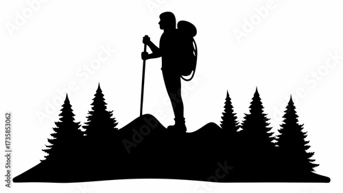 Adventurous hiker exploring scenic mountain landscape with pine trees, a great outdoors adventure awaits you