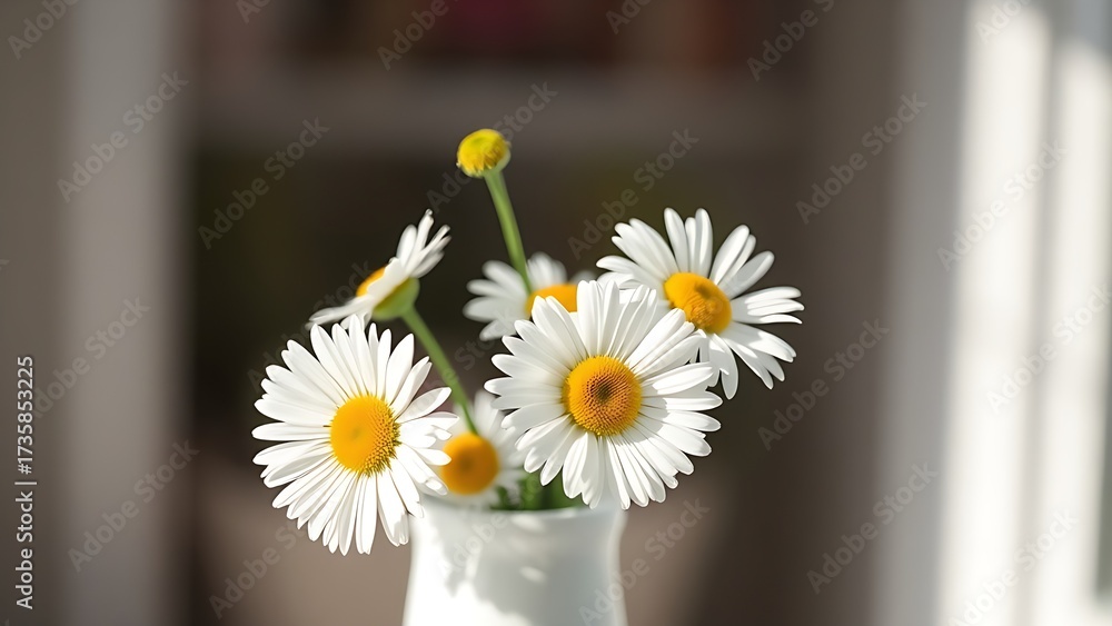 Obraz premium Simple white vase holding fresh daisies, illuminated by soft natural light.