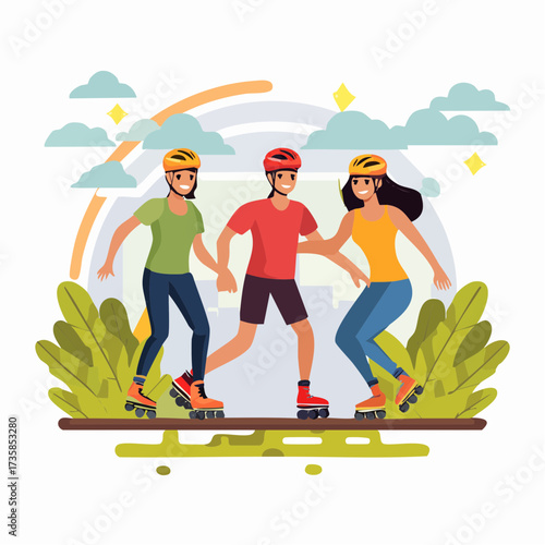 Three friends wearing helmets rollerblading together outdoors on a sunny day.
