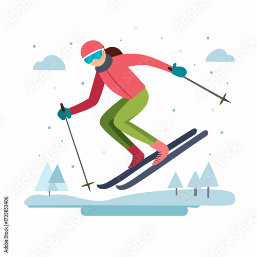 A woman in a pink jacket and green pants skiing down a snowy slope with ski poles and trees in the background.