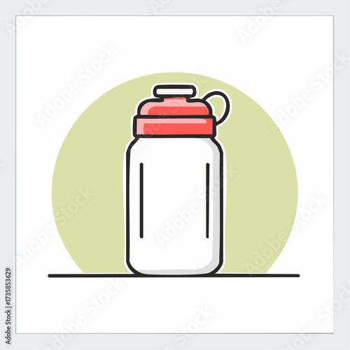 A simple, clean illustration of a white water bottle with a red cap, set against a light green circle background.
