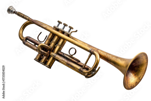 A vintage, tarnished brass trumpet with an aged patina, showcasing its bell, valves, and mouthpiece, isolated on a transparent background. background removed