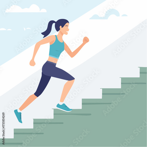 A fit woman in athletic wear running up a set of stairs outdoors.