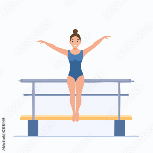 A female gymnast in a blue leotard sits on a balance beam with her arms outstretched.