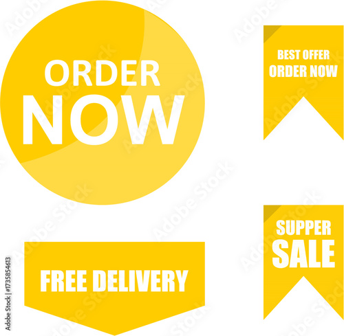 A collection of four yellow promotional stickers and tags for e-commerce, including 'Order Now', 'Free Delivery', and 'Supper Sale'.