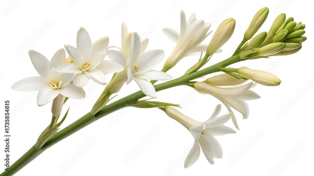 Fototapeta premium Tuberose flowers blooming on a stem, white and green.