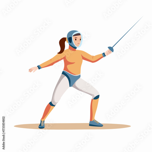 A female fencer in protective gear and a mask holds a sword in a ready stance, isolated on a white background.