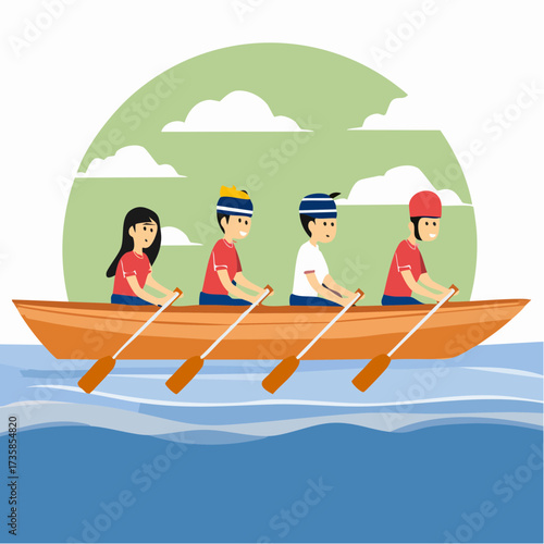 Four people rowing a boat together in unison on a body of water.